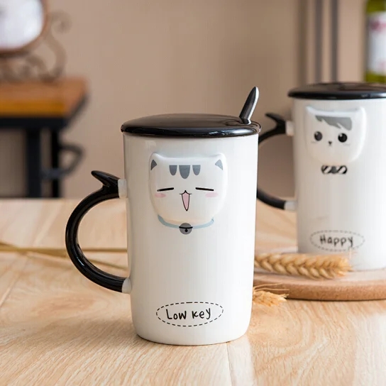 瓷魂 简约创意陶瓷杯可爱立体带盖带勺水杯马克杯牛奶咖啡杯子 理想猫情侣女款
